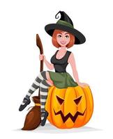 Halloween. schöne hexe, die auf kürbis sitzt vektor