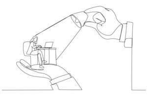 Zeichnung von großen Händen, die Geschäftsfrau und Beleuchtung auf der Oberseite halten, Metapher für Kontrolle, Unterstützung und Koordination. Kunststil mit einer durchgehenden Linie vektor