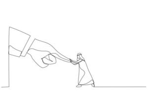 illustration av arab affärsman bekämpa och ha kvar tryckande mot jätte företag hand. liknelse för konflikt mot chef eller arbetsgivare. ett linje konst stil vektor