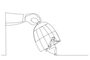 Zeichnung einer riesigen Hand, die einen laufenden arabischen Geschäftsmann mit Vogelkäfig einfängt. Einzeiliger Kunststil vektor