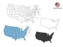 4 stil av USA Karta vektor illustration ha Allt provins och mark de huvudstad stad av usa. förbi tunn svart översikt enkelhet stil och mörk skugga stil. isolerat på vit bakgrund.