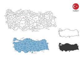 4 Arten von Truthahnkarten-Vektorillustrationen haben alle Provinzen und markieren die Hauptstadt der Türkei. durch dünnen schwarzen Umriss-Einfachheitsstil und dunklen Schattenstil. isoliert auf weißem Hintergrund. vektor