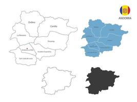 4 Arten von Andorra-Kartenvektorillustrationen haben alle Provinzen und markieren die Hauptstadt von Andorra. durch dünnen schwarzen Umriss-Einfachheitsstil und dunklen Schattenstil. isoliert auf weißem Hintergrund. vektor