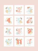 satz babymeilensteinkarten für neugeborene mädchen von einem monat bis zu einem jahr. Babypartydruck mit süßem Dino-Tier und Blumen, die alle besonderen Momente festhalten