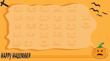 fröhlicher Halloween-Hintergrund. Kürbisse mit unheimlich lächelnden Gesichtern. Vektorgrafik im flachen Stil, mit klarem orangefarbenem Kopierbereich isoliert in orangefarbenem Hintergrund und Fledermaus vektor