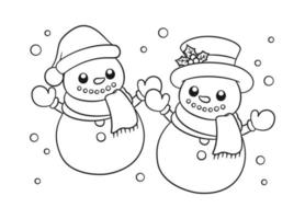 snögubbe bär hattar och scarf med snö översikt linje konst klotter tecknad serie illustration. vinter- jul tema färg bok sida aktivitet för barn och vuxna. vektor