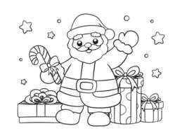 santa claus med gåvor och godis sockerrör översikt linje konst klotter tecknad serie illustration. vinter- jul tema färg bok sida aktivitet för barn och vuxna. vektor