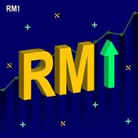 3D-Symbol des steigenden malaysischen Ringgit-Währungswerts mit grünem Aufwärtspfeil und wachsendem statistischem Diagrammhintergrund vektor