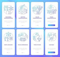 Verbesserung der Kommunikationsfähigkeiten Gradient Onboarding Mobile App Screen Set. Komplettlösung 4 Schritte grafische Anleitungsseiten mit linearen Konzepten. ui, ux, gui-Vorlage. vektor