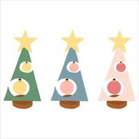 vektor illustration uppsättning av eleganta geometrisk jul träd med leksaker och en stjärna.
