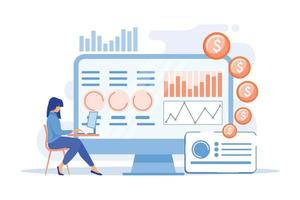 Datenanalyst, der Finanzinformationen und -berichte auf dem Computer konsolidiert. finanzdatenmanagement, finanzsoftware, digitales datenberichtskonzept. Vektor-Illustration vektor