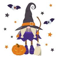 tecknad serie söt halloween gnome häxa innehav kvast, pumpa lykta, och kuslig flygande ögon. isolerat på vit bakgrund. bra för Semester design, grafik. vektor