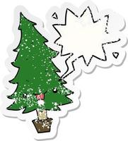 beunruhigter Aufkleber des niedlichen Cartoon-Weihnachtsbaums und der Sprechblase vektor
