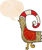 Cartoon-Huhn in lustiger Weihnachtsmütze und Sprechblase im strukturierten Retro-Stil vektor