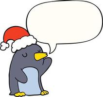 niedlicher karikaturweihnachtspinguin und spracheblase vektor