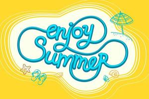 text njut av de sommar, teckning av en strand paraply, flip floppar, sjöstjärna och snäckskal vektor