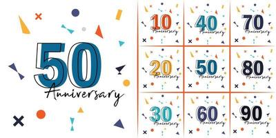 10:e - 90:e uppsättning av årsdag logotyp stil med handstil blanda Färg för firande händelse, bröllop, hälsning kort, och inbjudan vektor