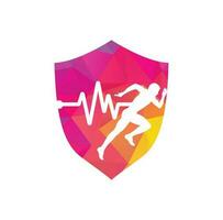 Puls-Marathon-Logo-Design-Ikonenvektor. Logo-Design für die Körpergesundheit. Laufender Mann mit Linien-EKG-Herzschlag-Symbol. vektor
