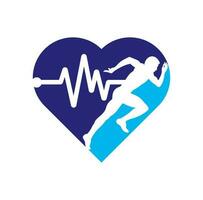 Puls Marathon Herzform Konzept Logo Design Symbol Vektor. Laufender Mann mit Linien-EKG-Herzschlag-Symbol. vektor