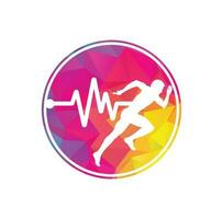 Puls-Marathon-Logo-Design-Ikonenvektor. Logo-Design für die Körpergesundheit. Laufender Mann mit Linien-EKG-Herzschlag-Symbol. vektor