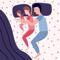 söt ung familj sovande med barn i säng. mor och far kramas deras bebis. vektor stock illustration