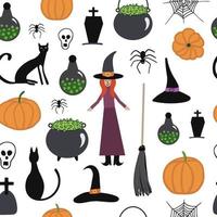 vektor halloween sömlös mönster. häxa, pott med grön trolldryck, katt, skalle, Spindel, spindelns webb, pumpa. design för halloween dekor, textil, omslag papper, tapeter, klistermärke, hälsning kort.