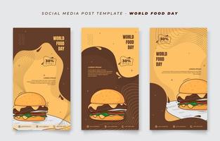 uppsättning av social media posta mall i porträtt bakgrund med burger i tecknad serie för mat dag design vektor