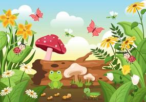 schöne gartenkarikatur-hintergrundillustration mit landschaftsnatur von pflanzen, verschiedenen tieren, blumen, baum und grünem gras im flachen designstil vektor