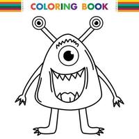 roligt och sött utomjordisk monster med tre ögon för barn. imaginär varelse för barn målarbok, svart och vit kontur fantasy tecknad film för målarbok. vektor