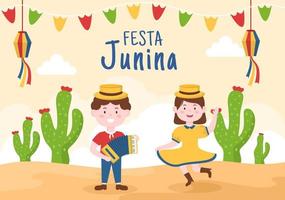 festa junina oder sao joao feier cartoon illustration sehr lebendig gemacht durch singen, tanzen samba und spielen traditioneller spiele kommen aus brasilien vektor