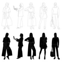 en uppsättning skisser av konturerna av silhuetterna av en flicka i en moderiktig kostym som står. doodle svart och vit linjeteckning. vektor
