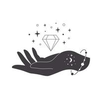 Hand mit Kristall. mystischer, esoterischer, magischer oder heilender Kristall. lineare Kunst. vektor