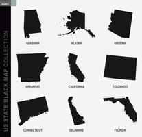 schwarze kartensammlung von usa-staaten, schwarze konturkarten. vektor