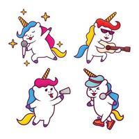 süßes einhorn singen eine liedkarikaturillustration, kawaii einhorn. Fantasietier vektor