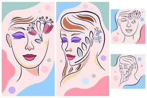 Sammlung Frauen Gesichter Art Line Postel Farben für Social Media Format vektor