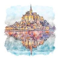 mont saint michel frankreich aquarellskizze handgezeichnete illustration vektor