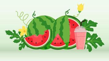 Wassermelone und saftiger Scheibenvektor, flaches Design von grünen Blättern und Blumen- und Wassermelonensaftillustration, Konzept der frischen und saftigen Frucht des Sommerlebensmittels. vektor