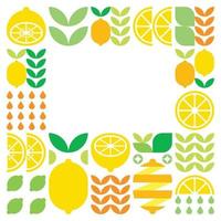 minimalistischer flacher Vektorrahmen, Zitronenfrucht-Symbol. einfache geometrische Illustration von Zitrusfrüchten, Orangen, Limonade und Blättern. abstraktes Design auf schwarzem Hintergrund. für kopierraum, social-media-posts. vektor