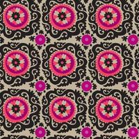 traditionelle asiatische teppichstickerei suzanne in pink und schwarz. usbekisches ethnisches dekoratives Blumenmotiv für Teppich, Stoff, Tischdecke vektor