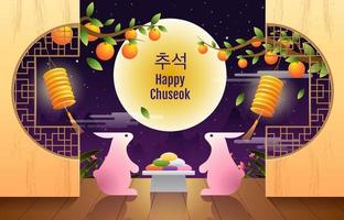glad chuseok, mitten av hösten festival, kaniner, fantasy bakgrund vektor