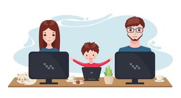 glückliche familie, die zu hause mit computer im cartoon-stil arbeitet und studiert. frau, mann und kind charakter mit katze und einer tasse tee oder kaffee. home office und home education concept. vector illustration.