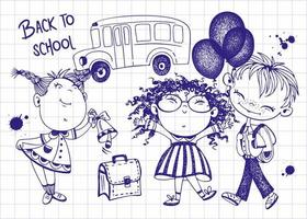 süße kinder schulkinder mit luftballons und aktentasche gehen zur schule. zurück zur Schule. Schulbus. Zeichnen mit einem Stift auf einem Blatt eines Notizbuchs. Vektor