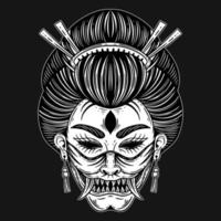 mörk konst skräck japansk geisha flicka med djävulen mask ansikte tatuering handritad gravyr stil vektor