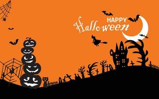 halloween försäljning banner horisontell. semester marknadsföring banner med flygande spöke, spöke, svart spindel och fladdermus, skrämmande pumpa, sicksack och konfetti på orange bakgrund, vektorillustration. vektor