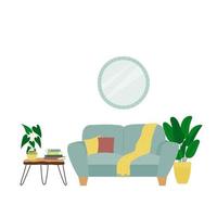 Innenarchitektur des Wohnzimmers mit Sofa, Spiegel, Tisch und Zimmerpflanzen. trendige komposition mit heimtextilien vektor