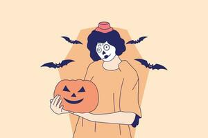 illustrationen der schönen jungen frau mit dem schädelmake-up, das kürbis-laterne für halloween-karnevalskonzept hält vektor