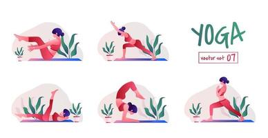 yoga träna uppsättning. ung kvinna praktiserande yoga poserar. kvinna träna kondition, aerob och övningar. vektor