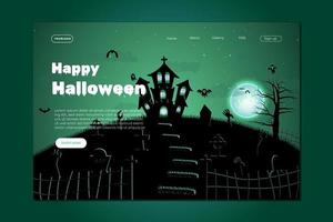 Fröhliches Halloween-Website-Design. flache halloween-landingpage-vorlage mit silhouetten von kürbissen, fledermäusen und spukhaus vektor