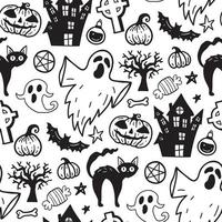 einfarbiges, nahtloses muster von handgezeichneten gekritzelelementen von horrorhalloween. Halloween-Hintergrund aus magischen Elementen. kürbisse, geist, schädel, schwarze katze, topf, hut. vektor