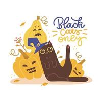 nur schwarze katzen - beschriftungszitatkonzept für glückliche halloween-t-shirt-druckschablone, kürbischaraktere mit sitzender schwarzer katze im hexenhut. vektor flache hand gezeichnete illustration.